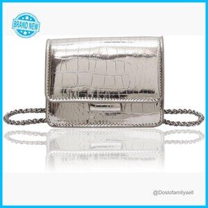 Y2K Metallic Croc-Embossed Mini Crossbody Bag with Chain Strap